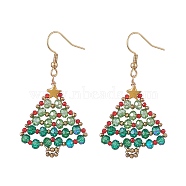 Glass Christmas Tree Dangle Earrings, Golden Brass Wire Wrap Jewelry for Women, Colorful, 52mm, Pin: 0.7mm(EJEW-JE05260)
