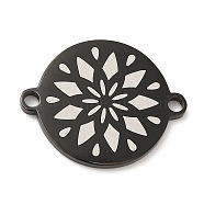 304 Stainless Steel Connector Charms, Flat Round Links with Flower Pattern, Electrophoresis Black, 16x20x1.5mm, Hole: 1.6mm(STAS-A086-08EB)