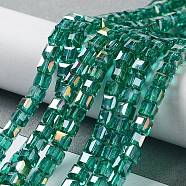 Electroplate Glass Beads Strands, AB Color Plated, Faceted, Cube, Teal, 4x4x4mm, Hole: 1mm, about 100pcs/strand, 17 inch(EGLA-R030-4x4mm-11)