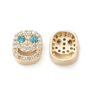 Brass Micro Pave Cubic Zirconia Beads, Lead Free & Cadmium Free, Long-Lasting Plated, Real 18K Gold Plated, Oval with Smiling Face, Medium Turquoise, 9x8x4mm, Hole: 1mm(KK-M241-01Q)