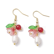 Natural Cultured Freshwater Pearl Dangle Earrings, Flower Glass & 304 Stainless Steel Earrings for Women, Light Coral, 43~45x11mm(EJEW-JE05860-02)
