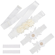 Lace Elastic Bridal Garters & Belts Set, with Rhinestone & Pearl and Flower Pattern, Wedding Garment Accessories, Mixed Color, 2700x40mm(OCOR-WH0020-06)