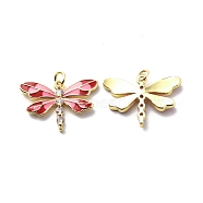 Brass Cubic Zirconia Pendants, with Enamel & Jump Ring, Dragonfly Charm, Real 18K Gold Plated, Hot Pink, 17x24.5x3mm, Hole: 3mm(KK-G446-22G-01)