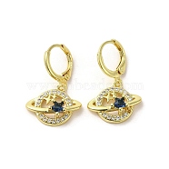 Planet Real 18K Gold Plated Brass Dangle Leverback Earrings, with Glass and Cubic Zirconia, Blue, 26.5x17mm(EJEW-Q797-17G)