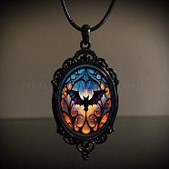 Oval Gothic Alloy Glass Halloween Pendant Necklaces for Women, Black, Bat, 17.72 inch(45cm)(FS-WG73C21-04)