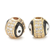 Brass Micro Pave Cubic Zirconia Charms, with Enamel,  Long-Lasting Plated, Flat Round with Evil Eye, Real 18K Gold Plated  , Black, 8mm, Hole: 2mm(ZIRC-A019-16G-A05)
