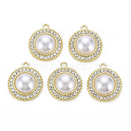 Alloy Pendants, with Crystal Rhinestone and ABS Plastic Imitation Pearl, Cadmium Free & Lead Free, Flat Round, Light Gold, 24x20.5x7.5mm, Hole: 2mm(PALLOY-T081-10LG-RS)