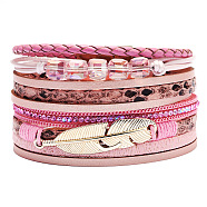 PU Leather Multi-strand Bracelets, with Wax Polyester Cords, Alloy Magnetic Clasp and Rhinestone, Feather, Golden, Pink, 7-1/2 inch(19cm), 40mm(BJEW-F352-02G-01)