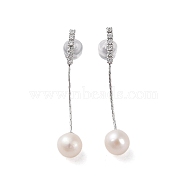 925 Sterling Silver Studs Earring, with Cubic Zirconia and Natural Pearl, Platinum, 38x7mm(EJEW-H002-06P)