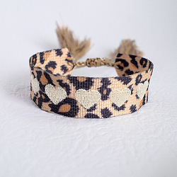 Leopard Print Pattern Polyester Cord Adjustable Bracelets, with Tassel, Wheat, 3/4 inch(1.9~2cm), Inner Diameter: 2~3-1/8 inch(5~8cm)(BJEW-B127-01C)