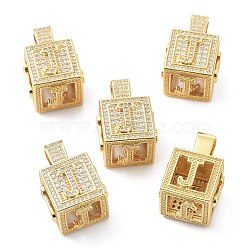 Alphabet Brass Micro Pave Clear Cubic Zirconia Pendants, Real 18K Gold Plated, Cube with Letter, Letter.J, 26x17x17mm, Hole: 5x8mm(ZIRC-O045-01G-J)