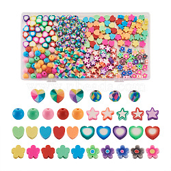240Pcs 8 Styles Handmade Polymer Clay Beads, Round & Heart & Flower & Star, Mixed Color, 30pcs/Style(CLAY-CD0001-07)