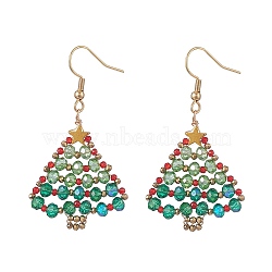 Glass Christmas Tree Dangle Earrings, Golden Brass Wire Wrap Jewelry for Women, Colorful, 52mm, Pin: 0.7mm(EJEW-JE05260)