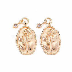 Brass Tanzanite Rhinestone Pendants, Birth Flower Charms, Nickel Free, Oval with Star, Real 18K Gold Plated, Flower Pattern, 23x13x2mm, Hole: 3mm, Star: 9x4x1mm(KK-S364-216)