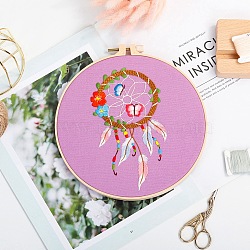DIY Woven Net/Web with Feather Pattern Embroidery Kit, Including Imitation Bamboo Frame, Iron Pins, Cloth, Colorful Threads, Pearl Pink, 213x201x9.5mm, Inner Diameter: 183mm(DIY-O021-17B)