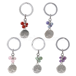 Alloy Keychain, with Gemstone Beads, Flat Round with Tree of Life, 89mm(KEYC-JKC00144)