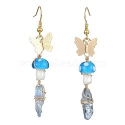 Dyed Natural Quartz Crystal Nugget & Mushroom Lampwork Dangle Earrings, Golden Brass Butterfly Long Drop Earrings, Deep Sky Blue, 63~75x6.5~11mm(EJEW-TA00335-01)