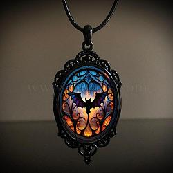 Oval Gothic Alloy Glass Halloween Pendant Necklaces for Women, Black, Bat, 17.72 inch(45cm)(FS-WG73C21-04)