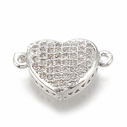 Brass Micro Pave Cubic Zirconia Links, Heart, Clear, Platinum, 10x16x4mm, Hole: 1mm(ZIRC-N036-02P)