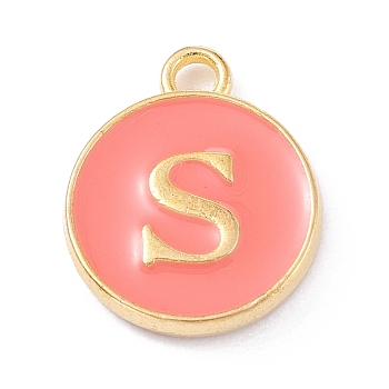 Golden Plated Alloy Enamel Charms, Enamelled Sequins, Flat Round with Alphabet, Letter.S, Hot Pink, 14x12x2mm, Hole: 1.5mm
