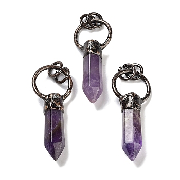 Natural Amethyst Faceted Pointed Bullet Pendants, Brass Ring Charms with Jump Rings, Red Copper, 48~50x20x9~10mm, Hole: 6mm