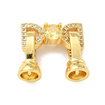 Rack Plating Brass Micro Pave Clear & Yellow Cubic Zirconia Fold Over Clasps, Cadmium Free & Lead Free, Long-Lasting Plated, Bowknot, Golden, Bowknot: 9x17mm, Clasp: 13.5x7mm, Inner Diameter: 4.4mm