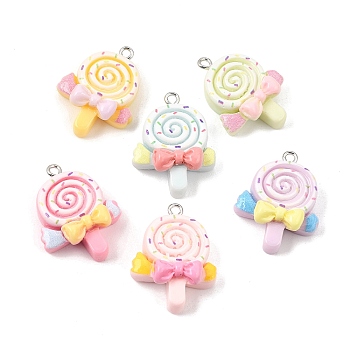 Opaque Resin Imitation Food Pendants, Lollipop with Bowknot Charms, with Platinum Iron Loop, Mixed Color, 27x21~21.5x8.5mm, Hole: 2mm