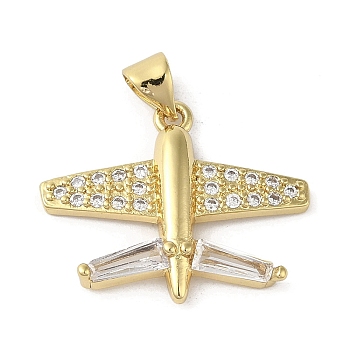 Rack Plating Brass Micro Pave Cubic Zirconia Pendants, Airplane, Long-Lasting Plated, Cadmium Free & Lead Free, Real 18K Gold Plated, 20x29x3mm, Hole: 4x3mm
