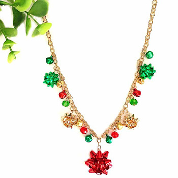 Christmas Bell & Flower Alloy Pendant Necklaces, Dark Red & Green, Golden, 18.11 inch(46cm)