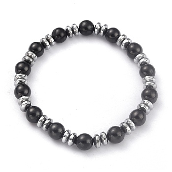 Electroplate Magnetic Synthetic Hematite Beaded Bracelets, Round & Flat Round, Black, Inner Diameter: 2-1/8 inch(5.5cm)