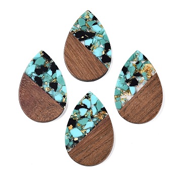 Transparent Resin & Walnut Wood Big Pendants, with Glitter Powder, Teardrop, Medium Turquoise, 51.5x33~33.5x3.5mm, Hole: 2mm