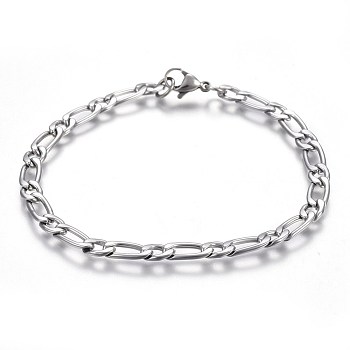 304 Stainless Steel Figaro Chain Bracelets, with Lobster Claw Clasps, Stainless Steel Color, 8-1/4 inch(21cm), 5mm