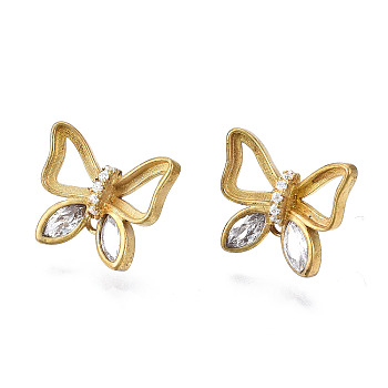 Brass Micro Pave Clear Cubic Zirconia Stud Earring Findings, Sterling Silver with Loop, Butterfly, Unplated, 11.5x13.5mm, Pin: 0.6mm, Hole: 1.2mm