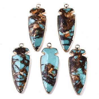 Assembled Bronzite and Synthetic Aqua Terra Jasper Pendants, with Edge Light Gold Plated Brass Findings, Teardrop, Turquoise, 47~47.5x17x4.5~5mm, Hole: 2mm