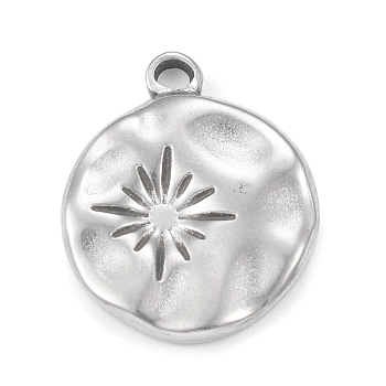 Non-Tarnish 304 Stainless Steel Pendants, Flat Round with Sun Charms, Stainless Steel Color, 18.5x15x2mm, Hole: 2mm