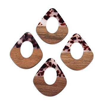 Transparent Resin and Walnut Wood Pendants, Hollow Teardrop Charms with Gold Foil, Coconut Brown, 48x41x4mm, Hole: 2mm