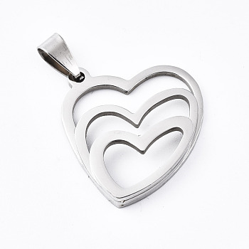 201 Stainless Steel Hollow Pendants, Heart with Heart, Stainless Steel Color, 29x26x4.5mm, Hole: 4x8mm