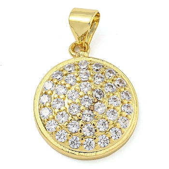 Rack Plating Brass Micro Pave Clear Cubic Zirconia Pendants, Lead Free & Cadmium Free, Long-Lasting Plated, Flat Round, Clear, 17.5x15x4.5mm, Hole: 3.5x6mm