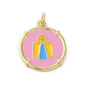 Rack Plating Brass Enamel Pendants, with Jump Ring, Long-Lasting Plated, Cadmium Free & Lead Free, Real 18K Gold Plated, Flat Round with Angel Charm, Pink, 20.5x17.5x1.5mm, Hole: 3mm