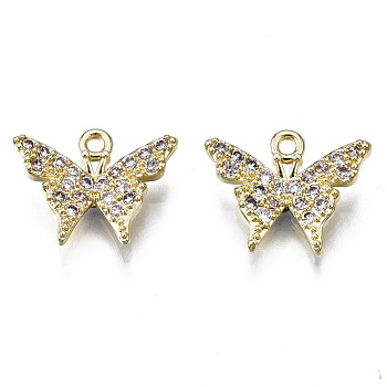 Brass Micro Pave Clear Cubic Zirconia Charms, Butterfly, Golden, 11x13.5x1.5mm, Hole: 1.2mm