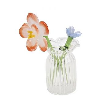 Handmade Lampwork Birthday Flower & Vase Set for Tabletop Display, FireBrick, January Carnation, 24.5~32.5x23.5~32.5x43~52mm