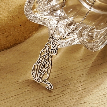 Stainless Steel Color Stainless Steel Pendant Necklace, Origami Animal, Cat Shape, 17.72 inch(45cm), Pendant: 26x18mm
