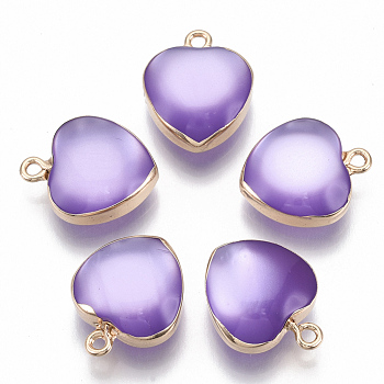 Resin Pendants, with Gold Plated Iron Loops, Imitation Cat Eye Style, Heart, Medium Purple, 19x16x8mm, Hole: 1.8mm