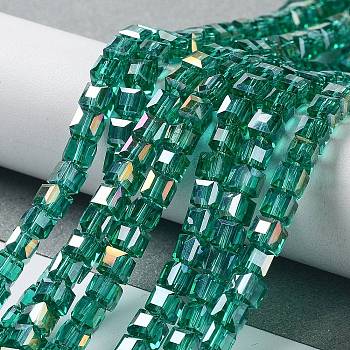 Electroplate Glass Beads Strands, AB Color Plated, Faceted, Cube, Teal, 4x4x4mm, Hole: 1mm, about 100pcs/strand, 17 inch