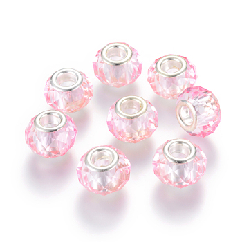 Handmade Glass European Beads, Large Hole Beads, Silver Color Brass Core, Pearl Pink, 14x8mm, Hole: 5mm