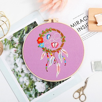 DIY Woven Net/Web with Feather Pattern Embroidery Kit, Including Imitation Bamboo Frame, Iron Pins, Cloth, Colorful Threads, Pearl Pink, 213x201x9.5mm, Inner Diameter: 183mm