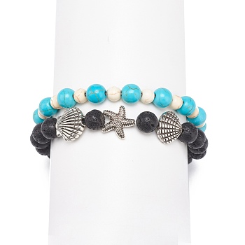 2Pcs 2 Style Natural Lava Rock & Synthetic Turquoise Round Beaded Stretch Bracelets Set, Alloy Shell & Starfish Bracelets for Women, Inner Diameter: 2-1/8 inch(5.3~5.35cm), 1Pc/style