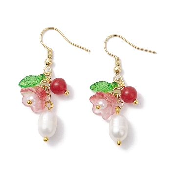 Natural Cultured Freshwater Pearl Dangle Earrings, Flower Glass & 304 Stainless Steel Earrings for Women, Light Coral, 43~45x11mm