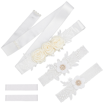 Lace Elastic Bridal Garters & Belts Set, with Rhinestone & Pearl and Flower Pattern, Wedding Garment Accessories, Mixed Color, 2700x40mm