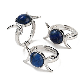Dyed Natural Lapis Lazuli Adjustable Rings, Platinum Plated Brass Triple Moon Finger Rings for Women Men, US Size 7 1/4(17.5mm)